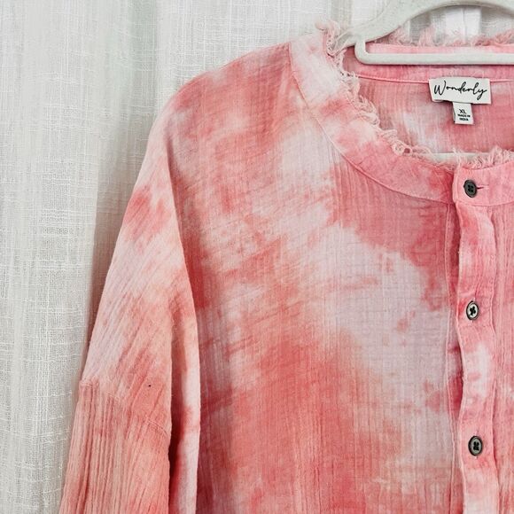 Wonderly Coral & White Tie Dye Earthy Boho 100% Cotton Soft Flowy Blouse - XL - Picture 3 of 9